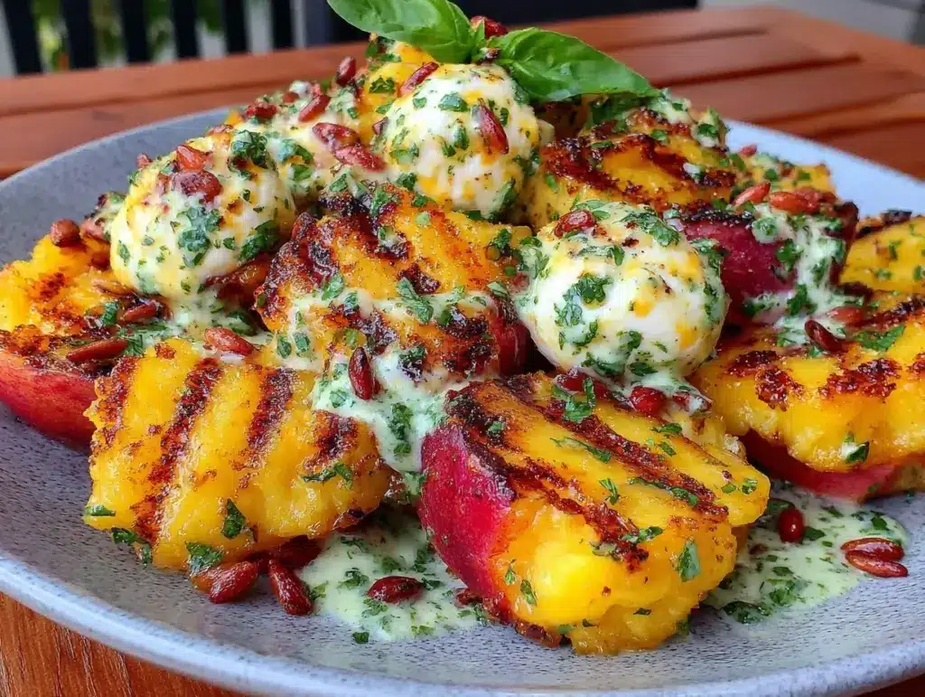 fresh grilled peach and burrata salad - featured image