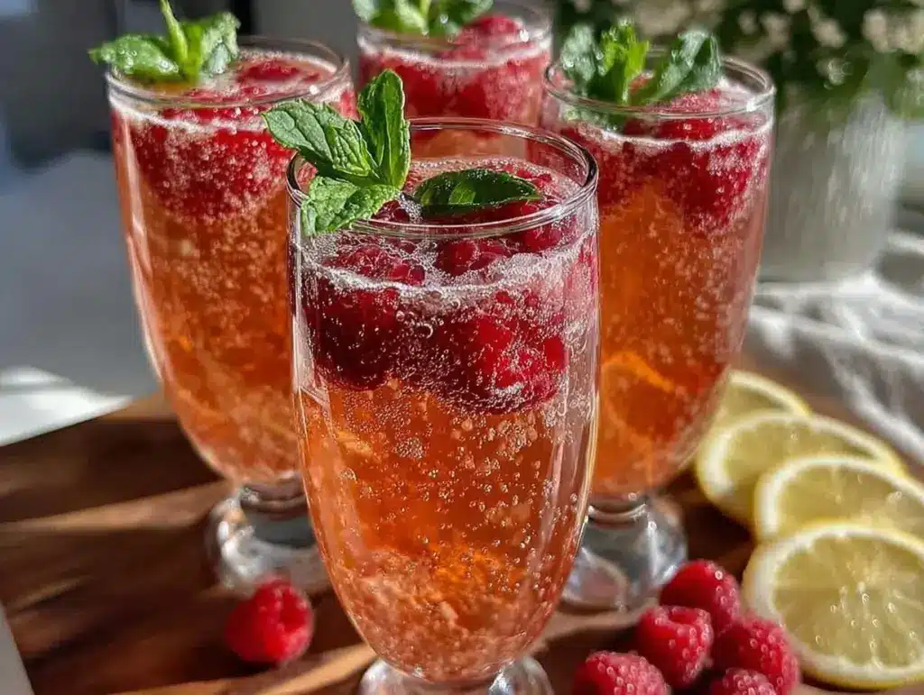 fresh sparkling raspberry mimosa mocktail - featured image