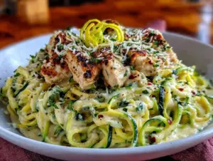 low carb zucchini noodle chicken alfredo - featured image