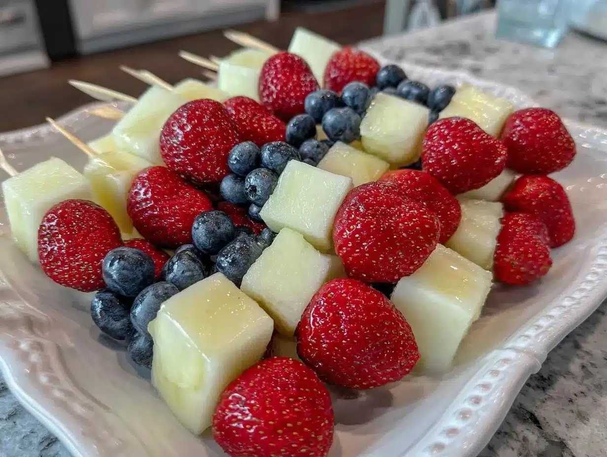 patriotic red white and blue fruit skewers preparation steps