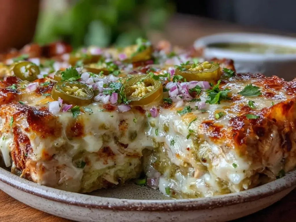 slow cooker chicken enchilada casserole verde - featured image