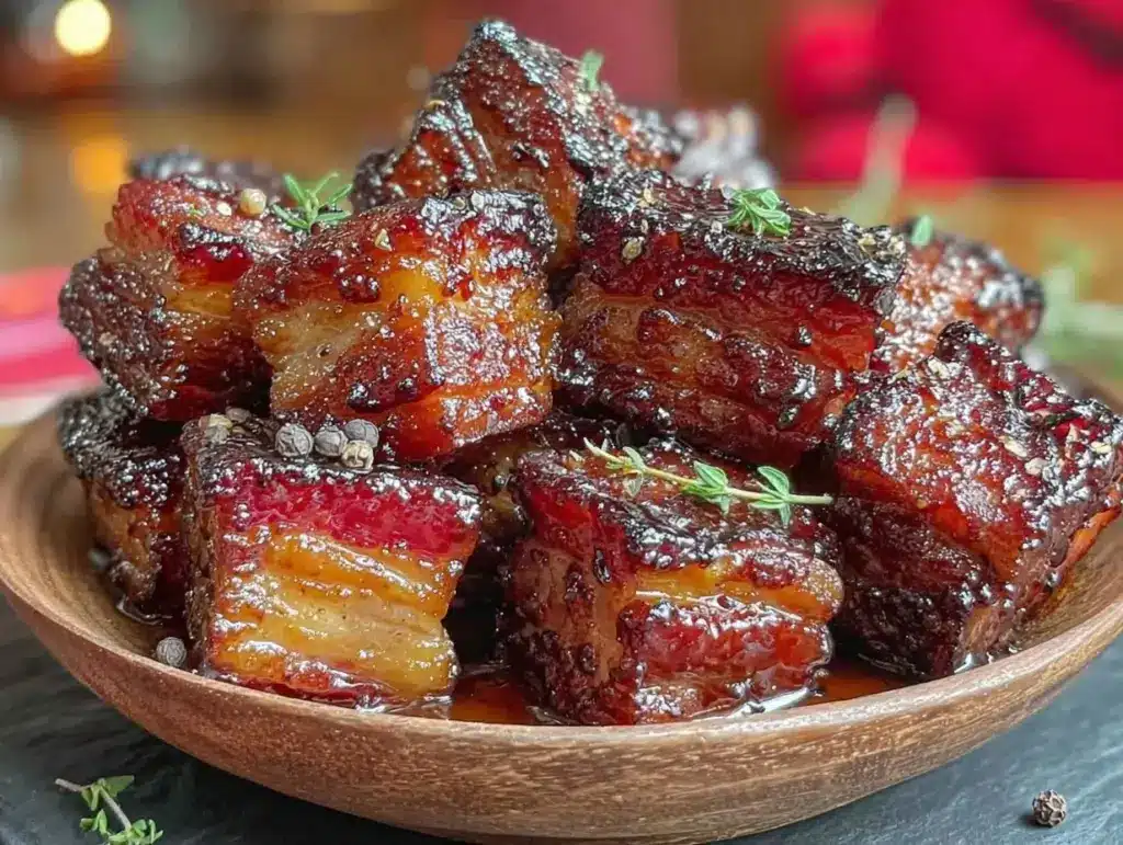 whiskey maple glazed pork belly burnt ends - featured image