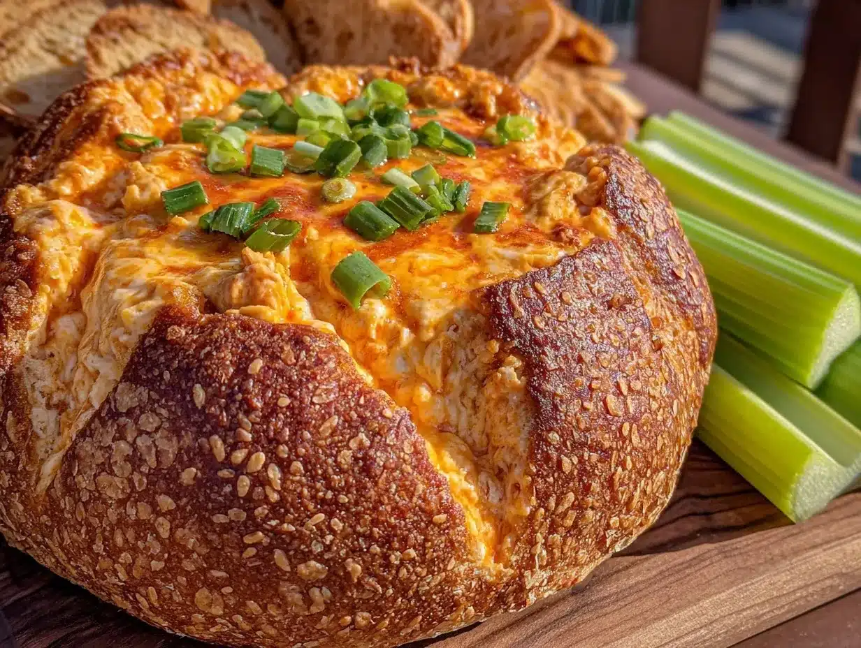 creamy buffalo chicken dip bread bowl preparation steps