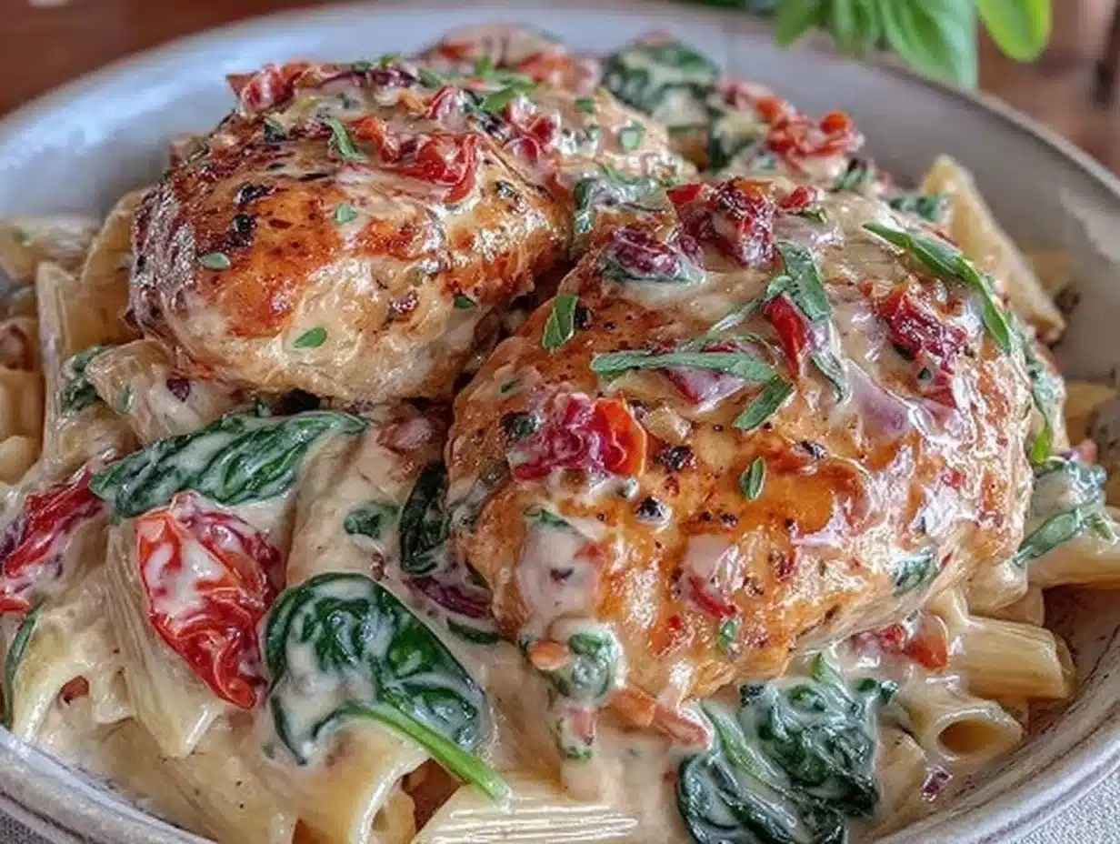 creamy garlic tuscan chicken penne - featured image