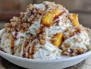 creamy no-churn peach cobbler ice cream - featured image