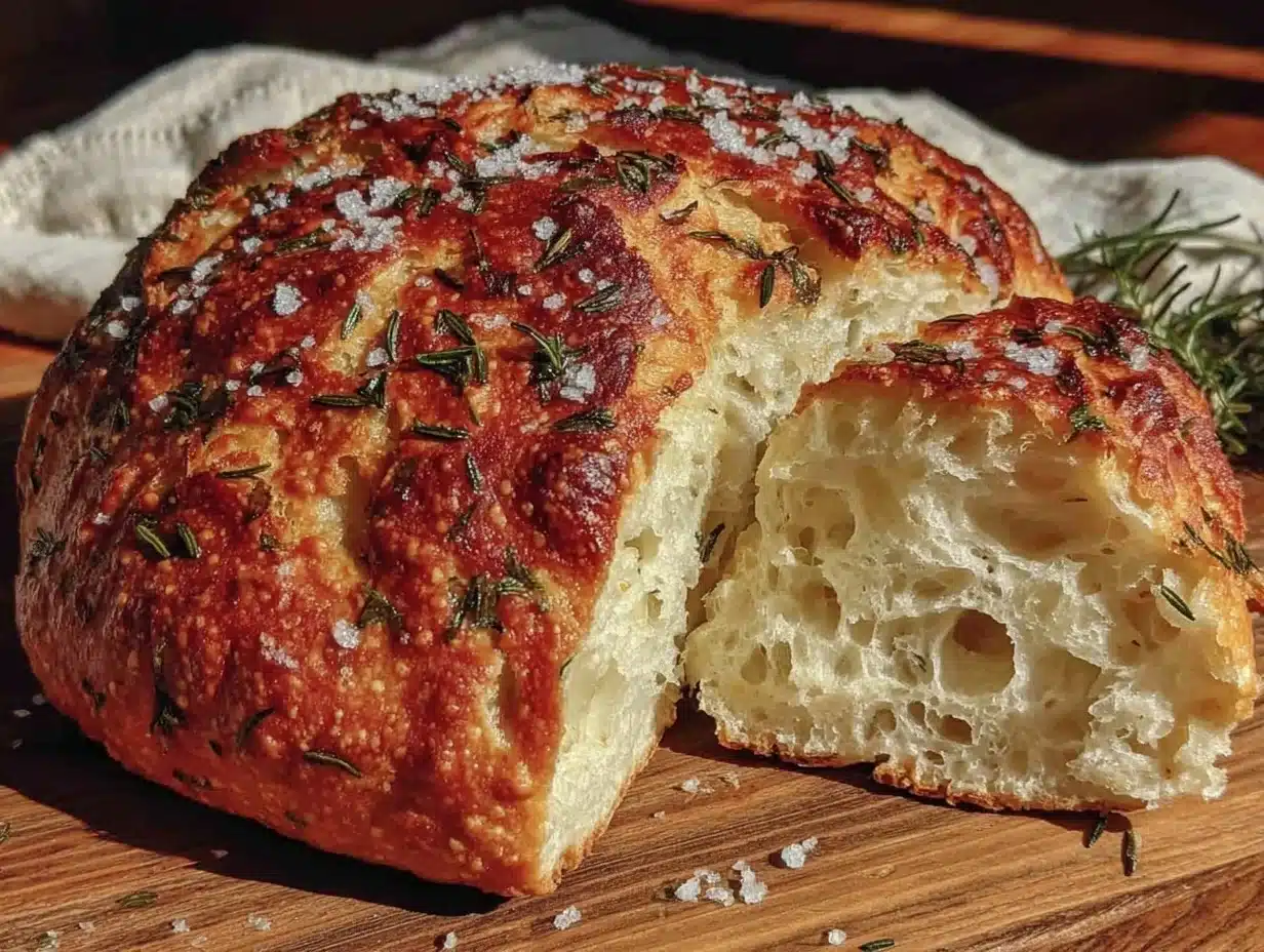 crispy dutch oven no-knead rosemary sea salt bread - featured image