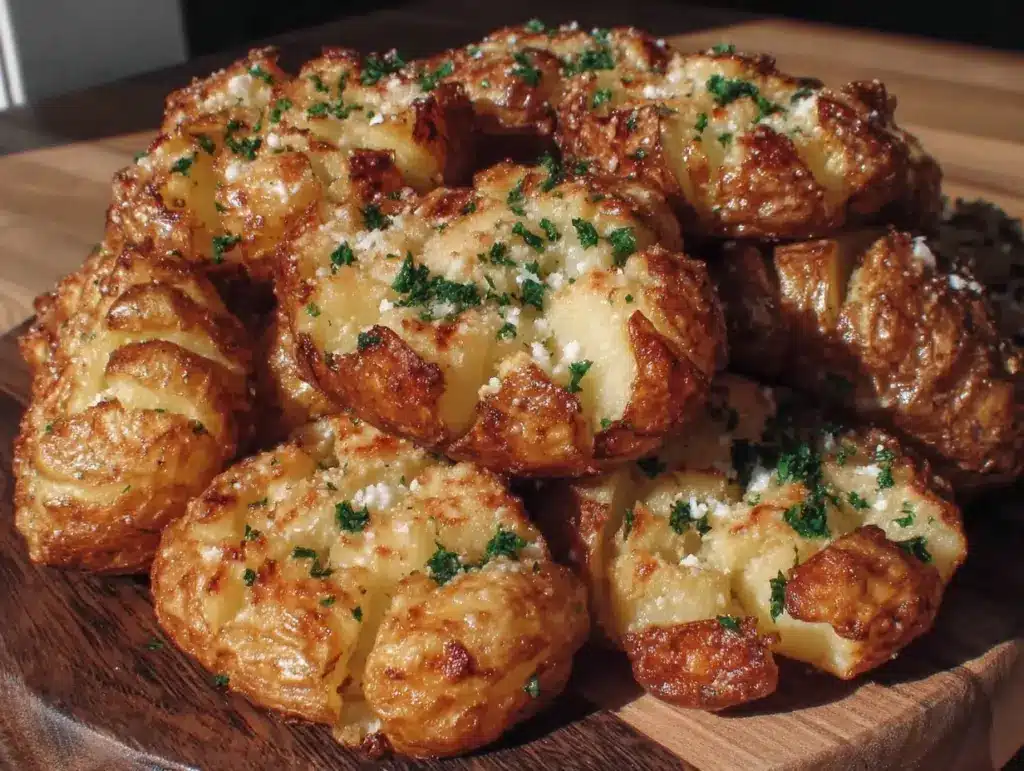 crispy garlic parmesan smashed potatoes - featured image