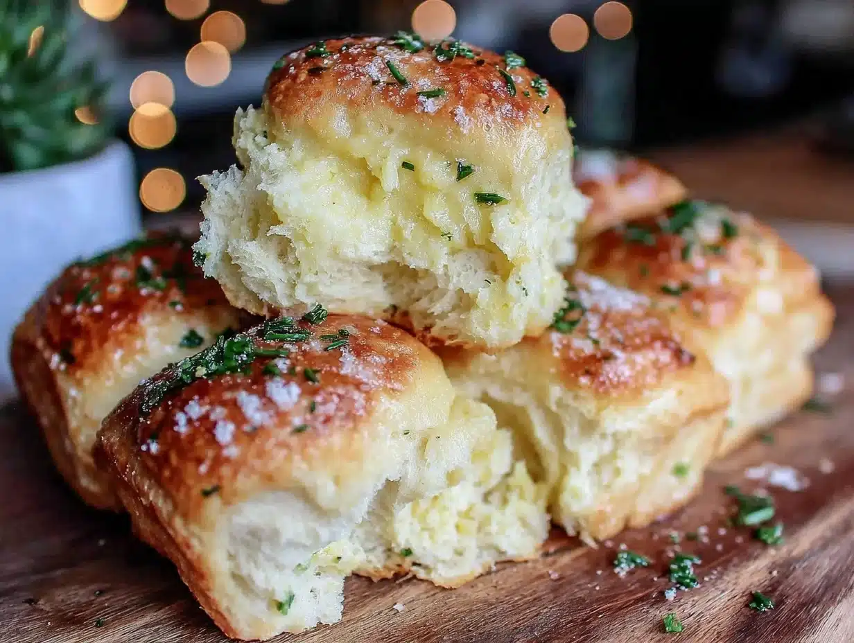 fluffy homemade dinner rolls with garlic herb butter - featured image