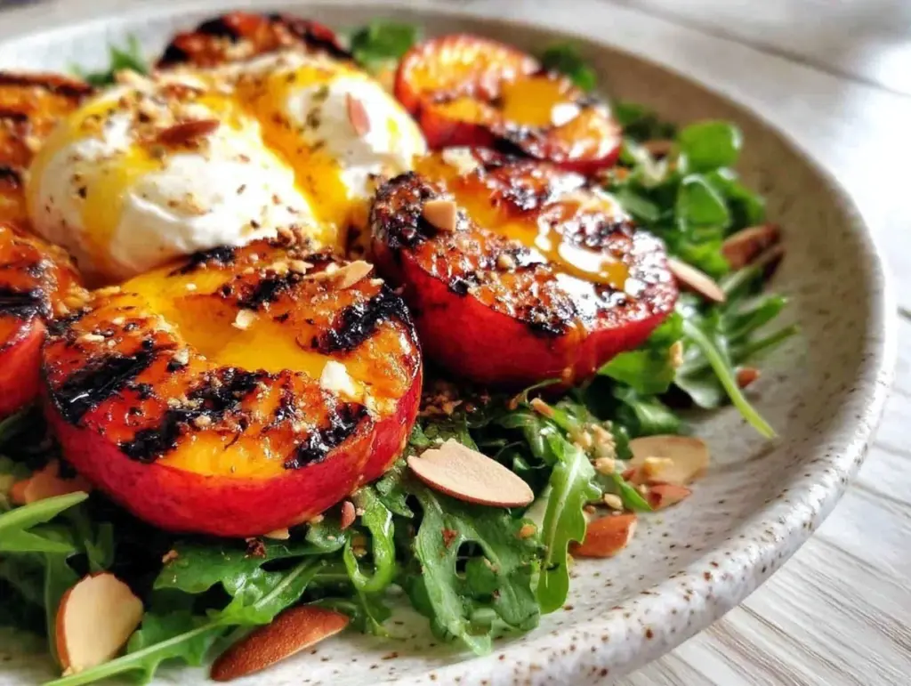 fresh grilled peach and burrata salad - featured image