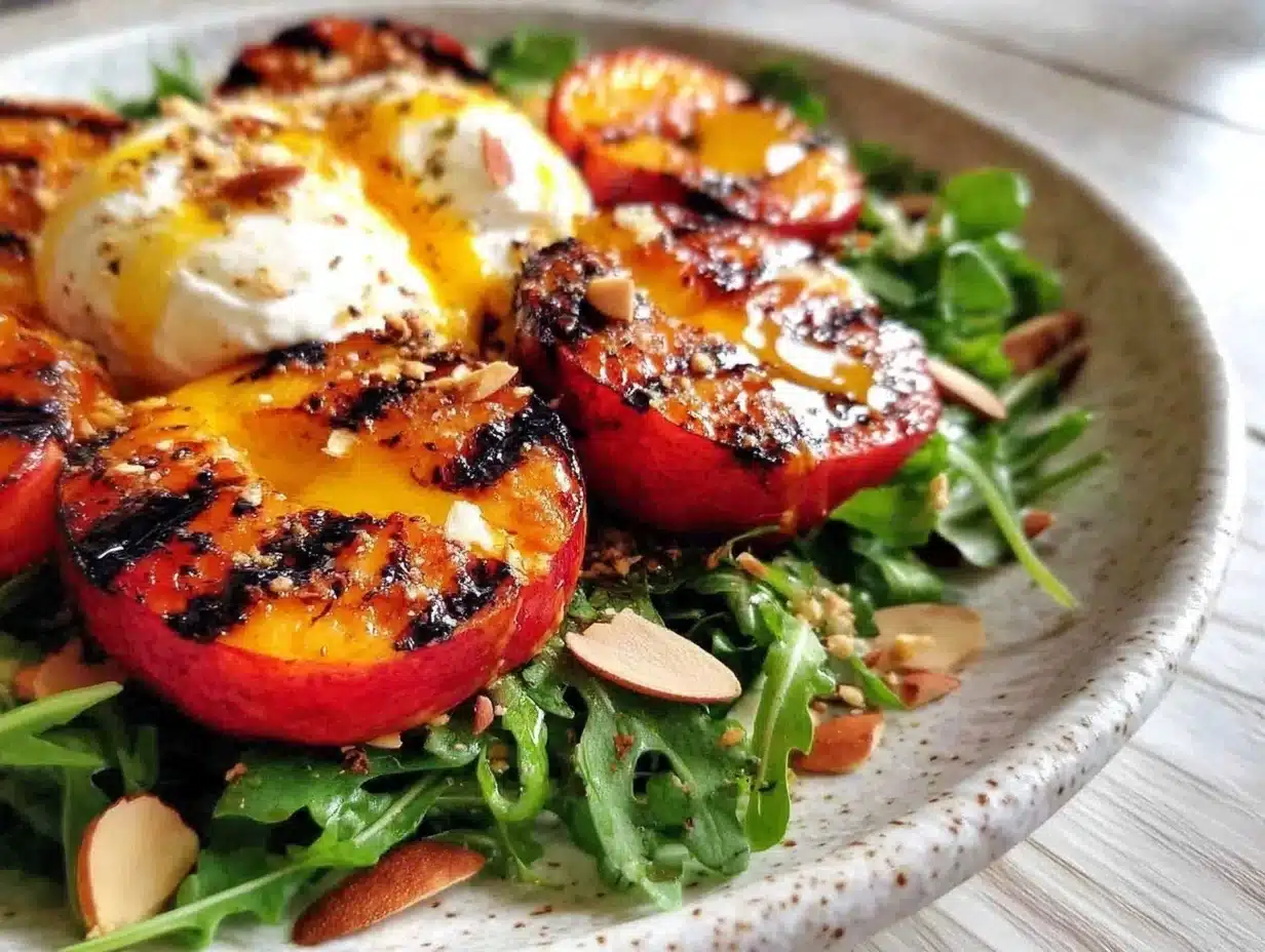 fresh grilled peach and burrata salad - featured image