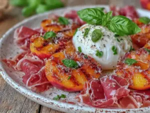 fresh grilled peach and burrata salad - featured image