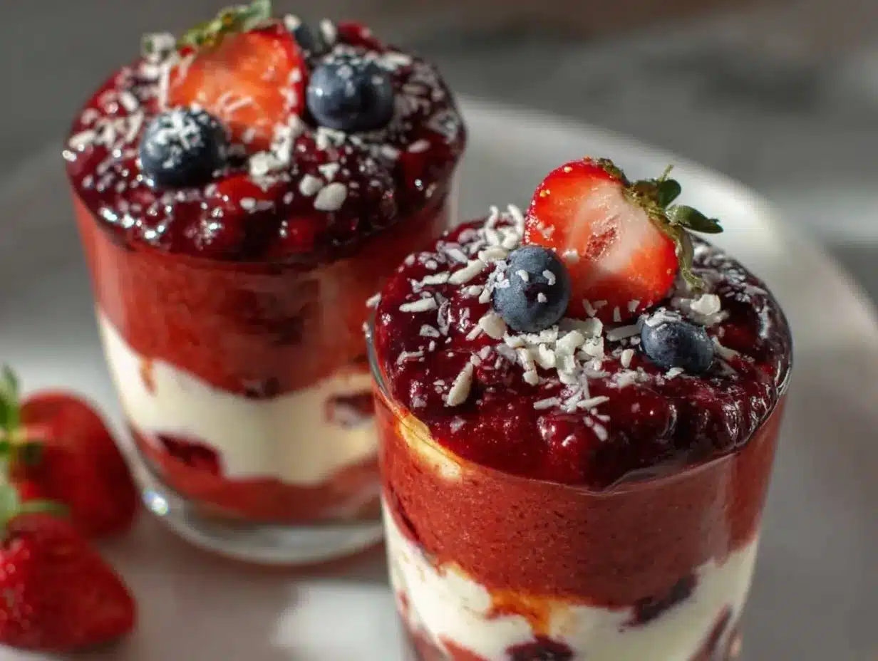 fresh red white blue layered cheesecake parfait preparation steps