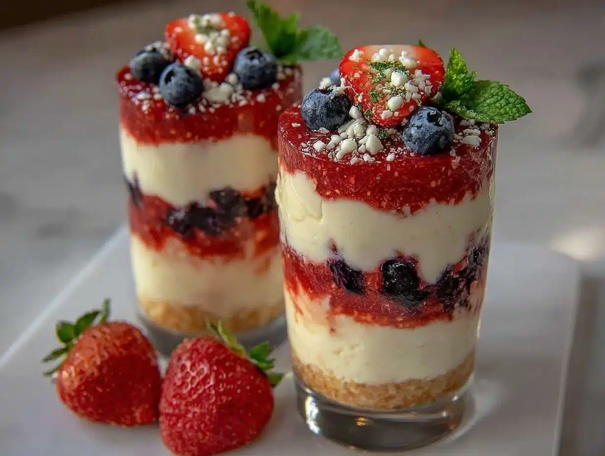 fresh red white blue layered cheesecake parfait - featured image