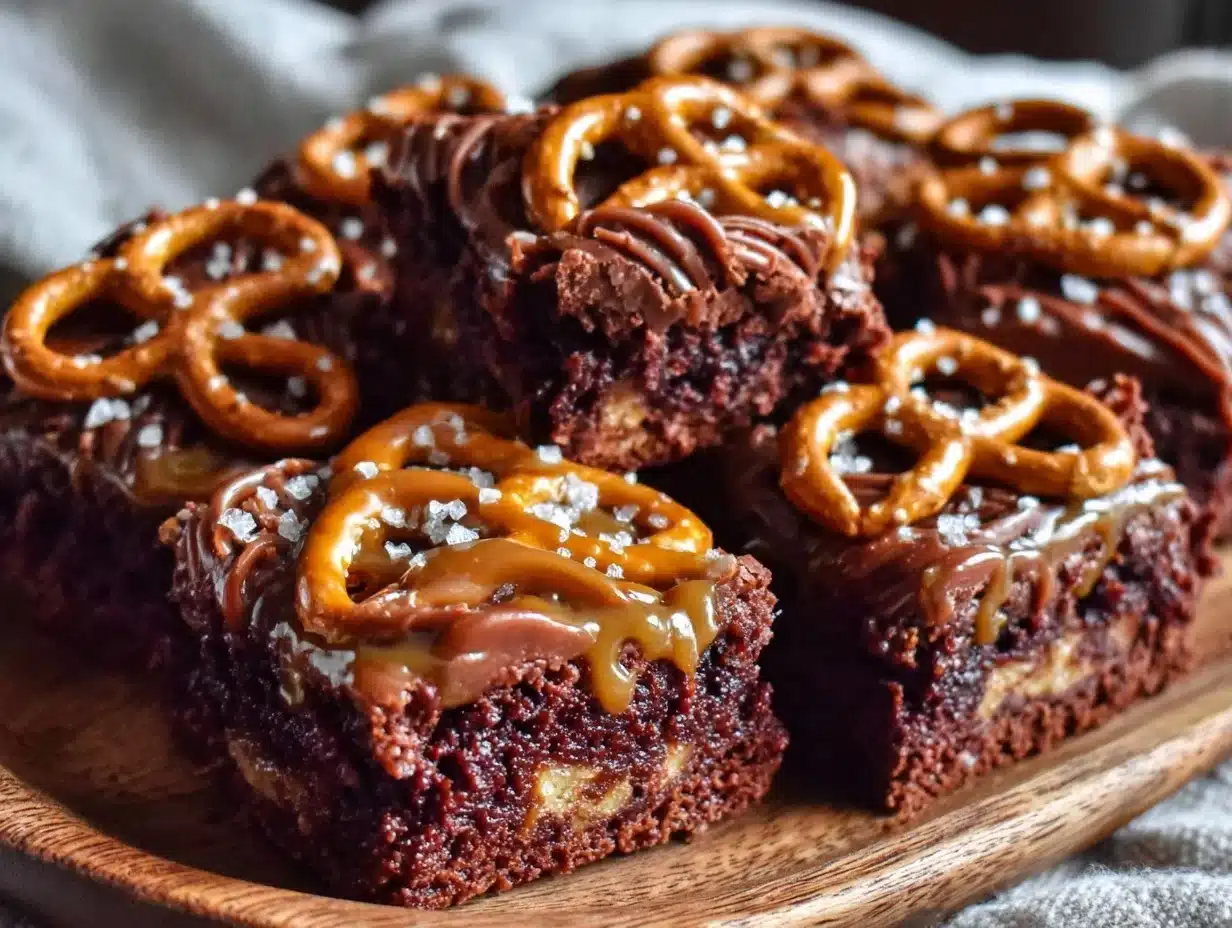 fudgy salted caramel pretzel brownies - featured image