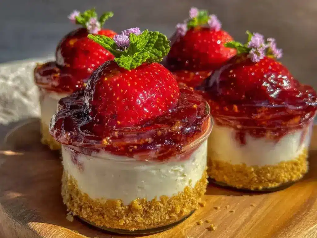 no bake strawberry cheesecake in a jar - featured image