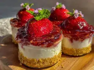 no bake strawberry cheesecake in a jar - featured image