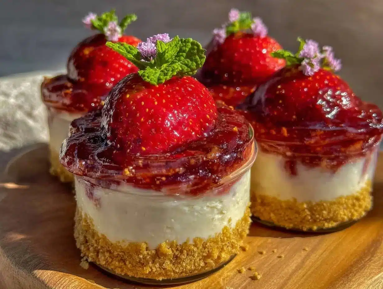 no bake strawberry cheesecake in a jar - featured image