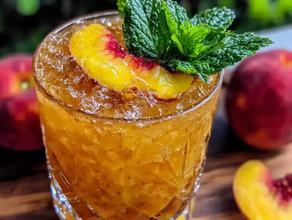 peach bourbon smash cocktail - featured image