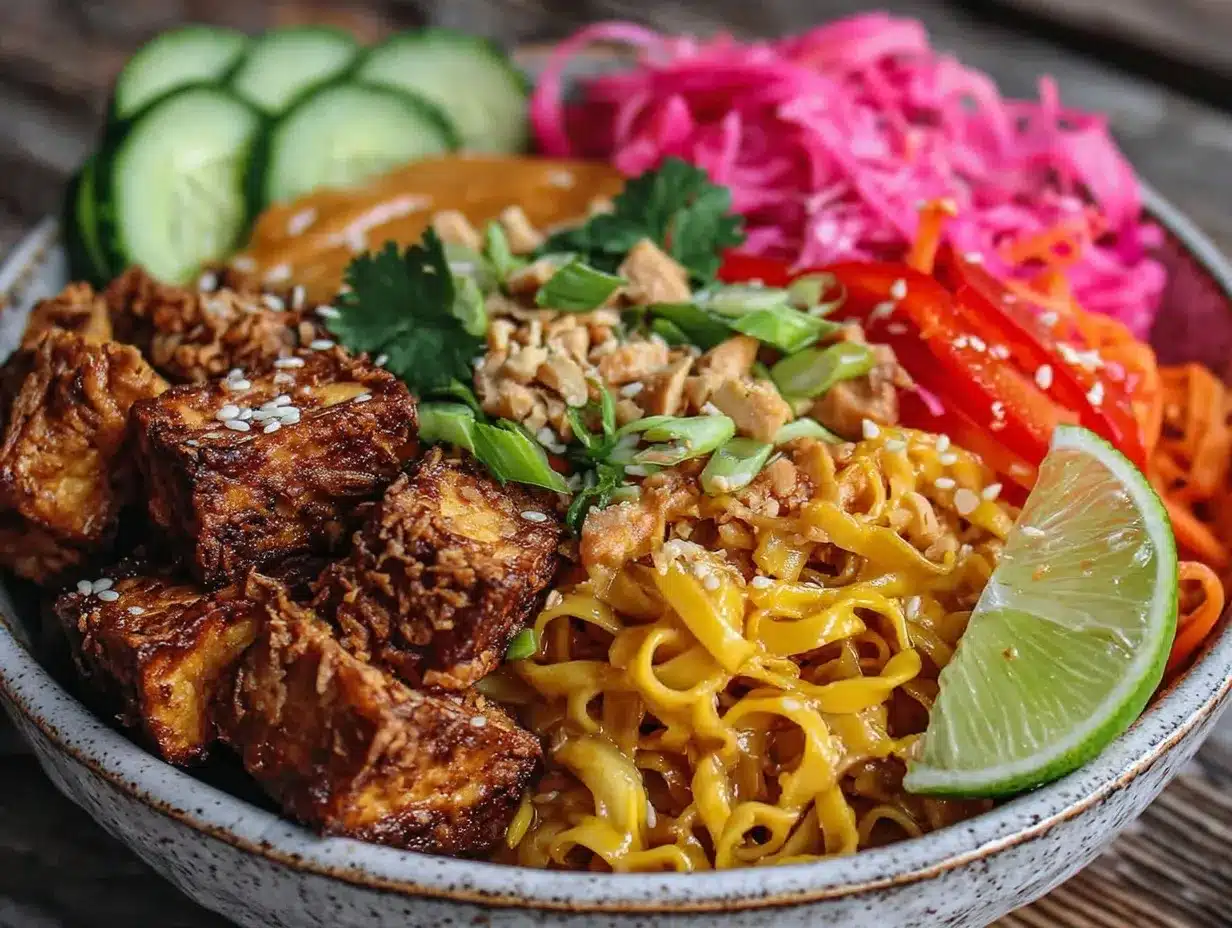 vegan thai peanut noodle bowl preparation steps
