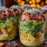 chicken caesar pasta salad jars - featured image