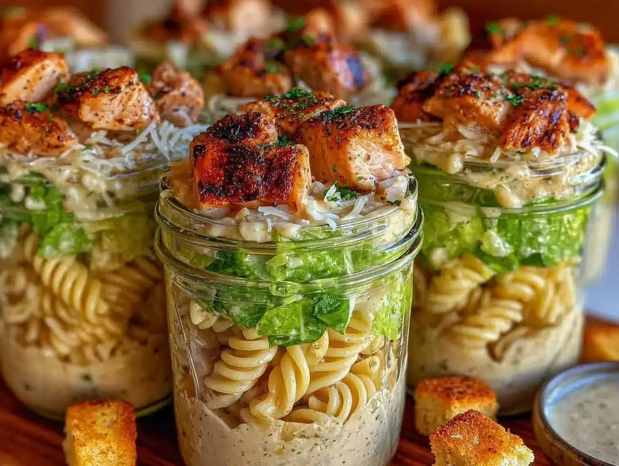 chicken caesar pasta salad jars preparation steps