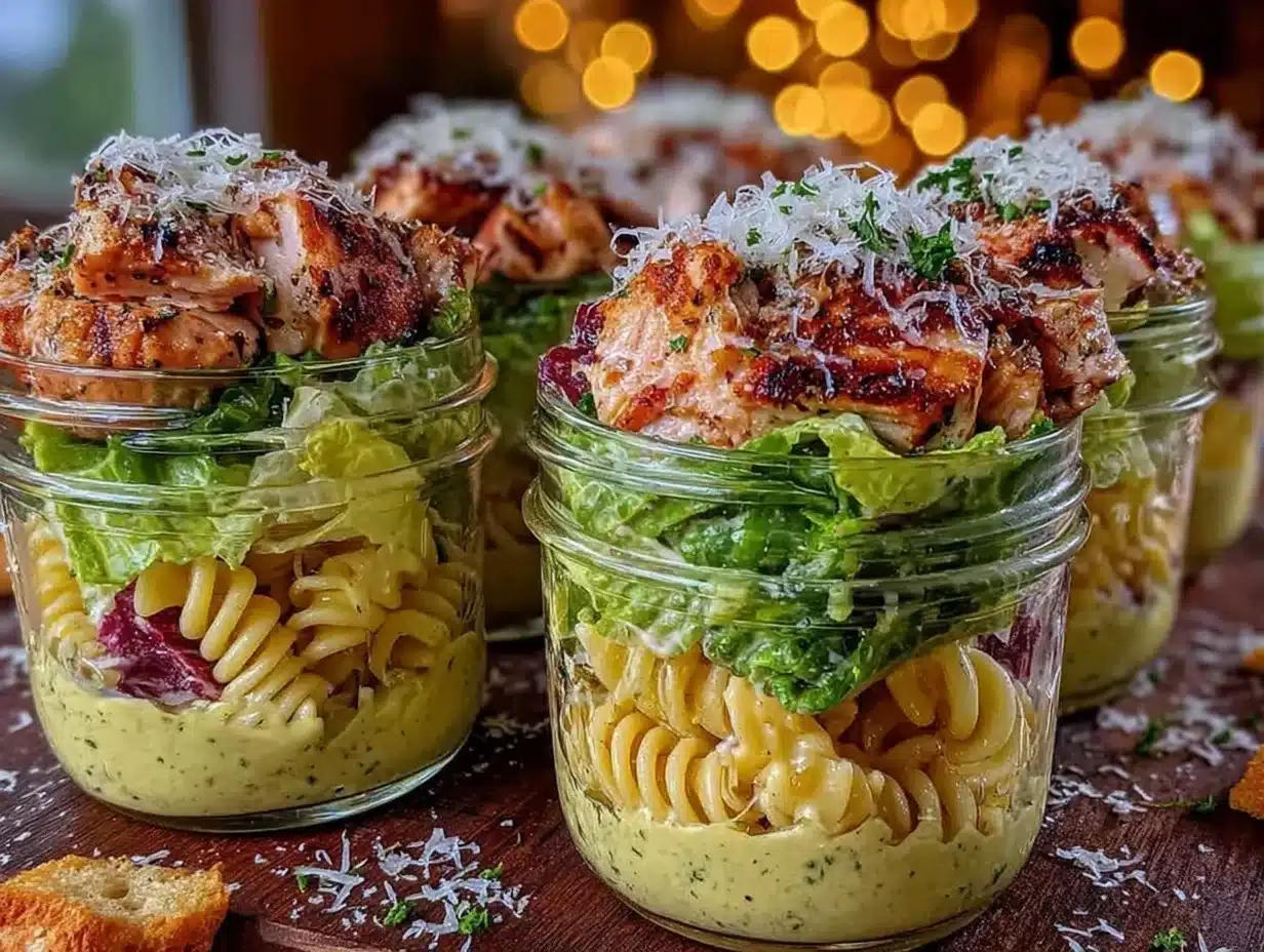 chicken caesar pasta salad jars - featured image