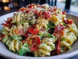 creamy avocado blt pasta salad - featured image