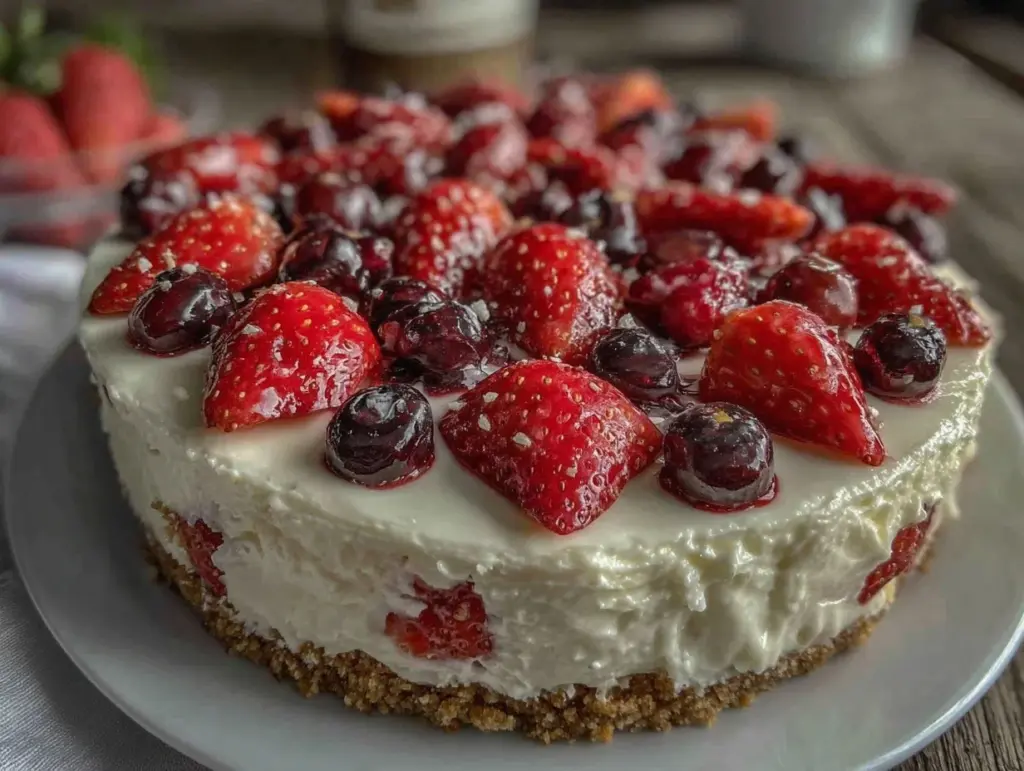 creamy no-bake strawberry cheesecake flag cake - featured image