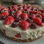 creamy no-bake strawberry cheesecake flag cake - featured image
