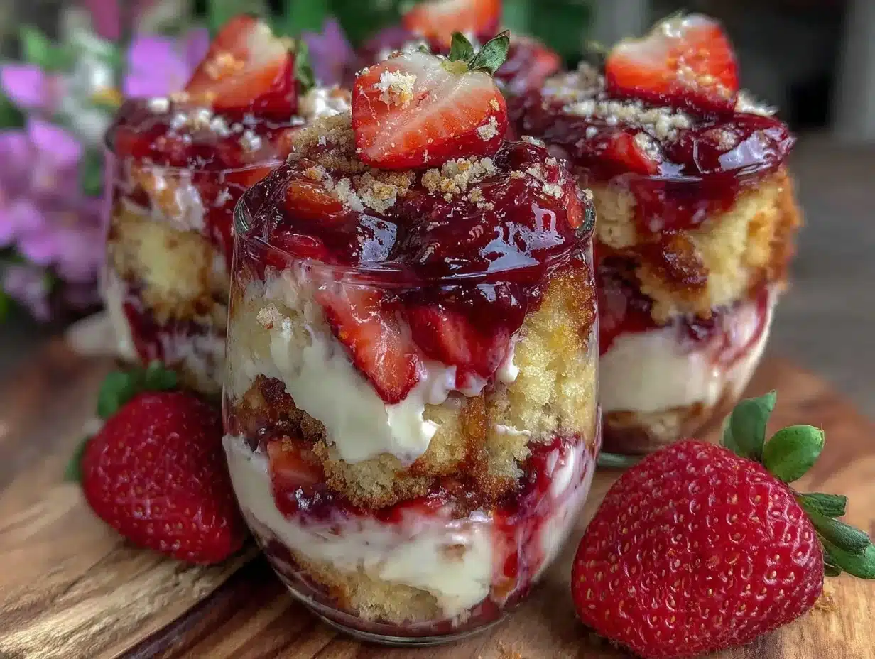 easy mini strawberry cheesecake trifle cups - featured image