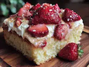 fluffy strawberry shortcake sheet cake - featured image
