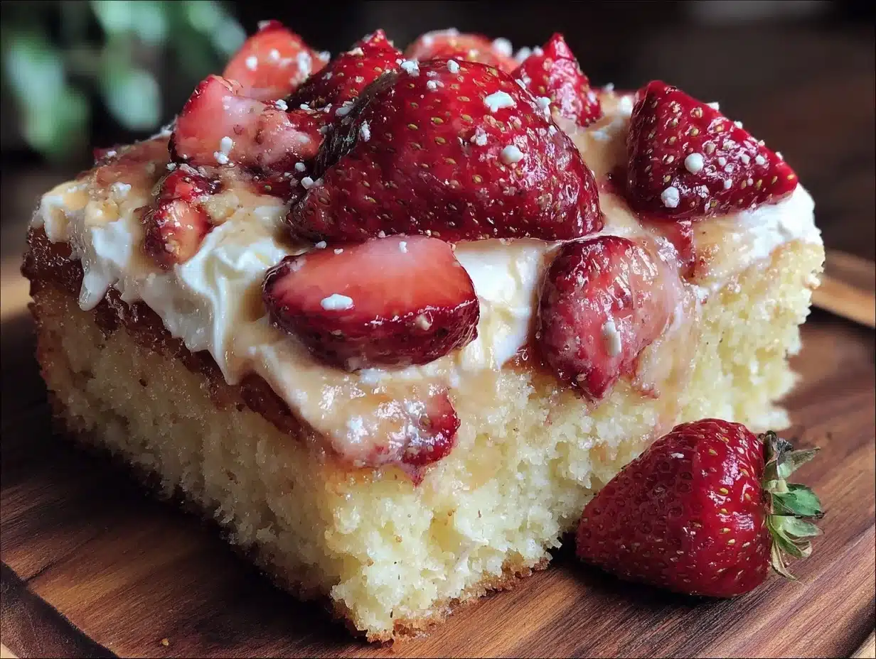 fluffy strawberry shortcake sheet cake - featured image