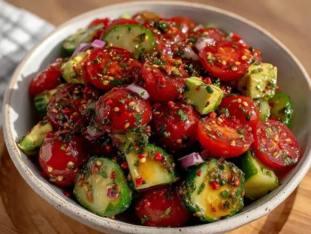 fresh cucumber tomato avocado salad - featured image