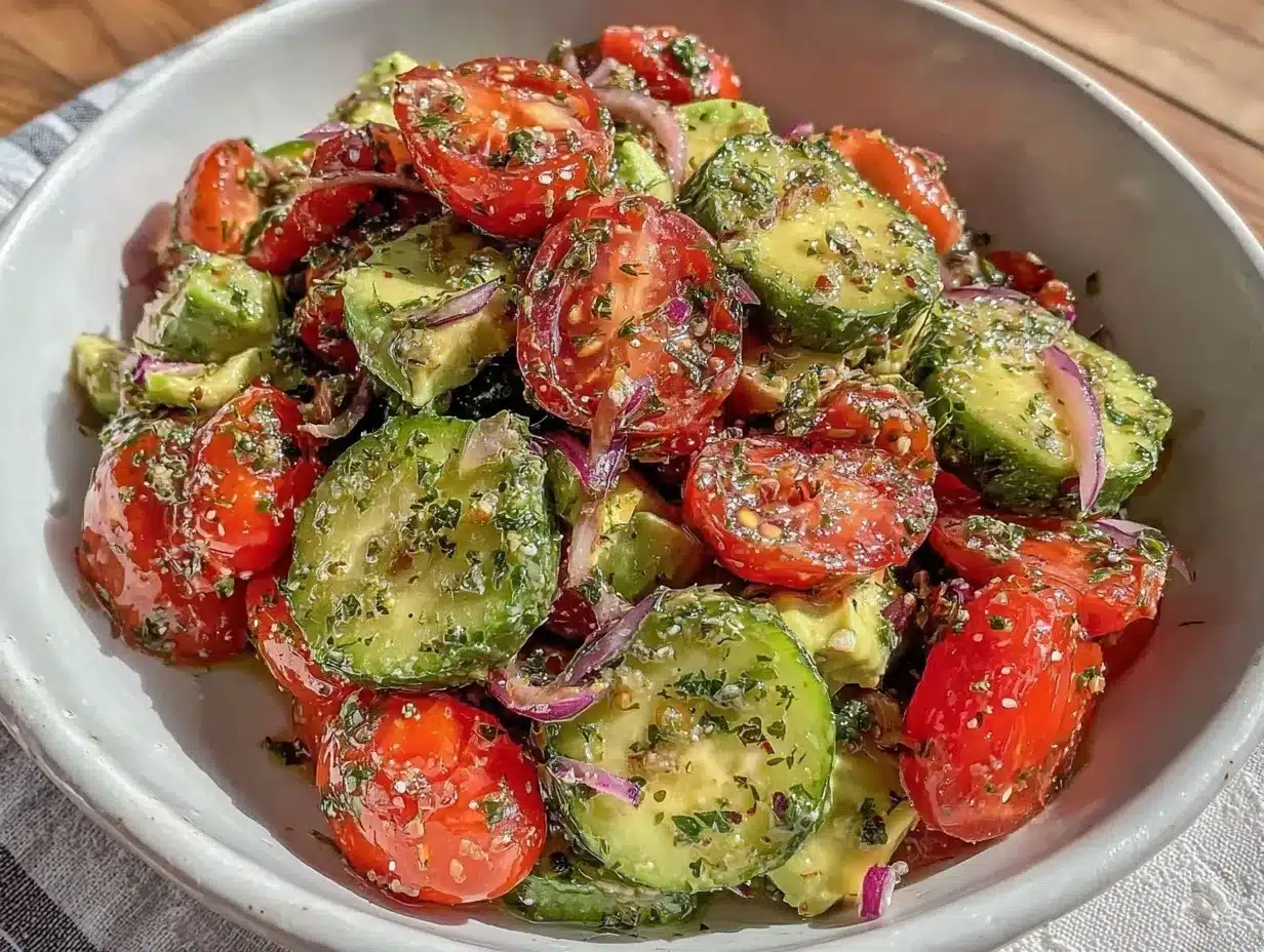 fresh cucumber tomato avocado salad preparation steps