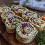 fresh rainbow veggie cream cheese pinwheel wraps - featured image