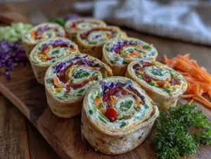 fresh rainbow veggie cream cheese pinwheel wraps - featured image