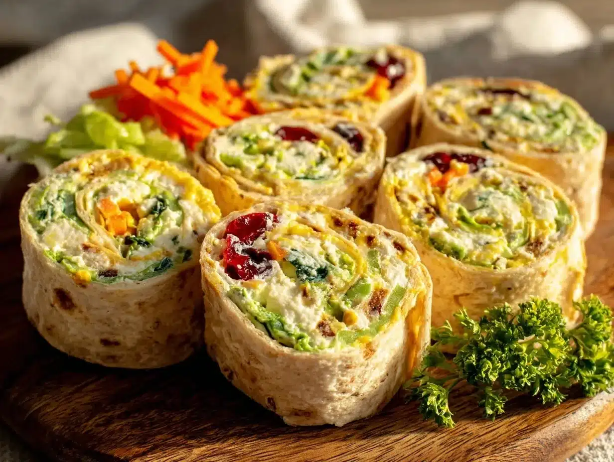 fresh rainbow veggie cream cheese pinwheel wraps preparation steps
