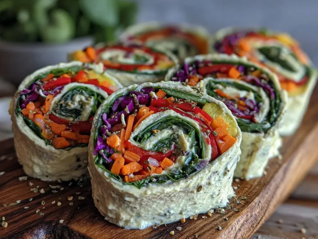 fresh rainbow veggie pinwheel wraps - featured image