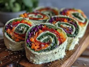 fresh rainbow veggie pinwheel wraps - featured image