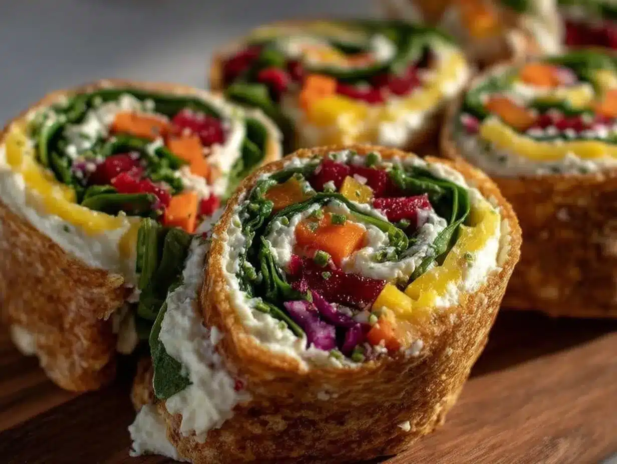 fresh rainbow veggie pinwheel wraps preparation steps