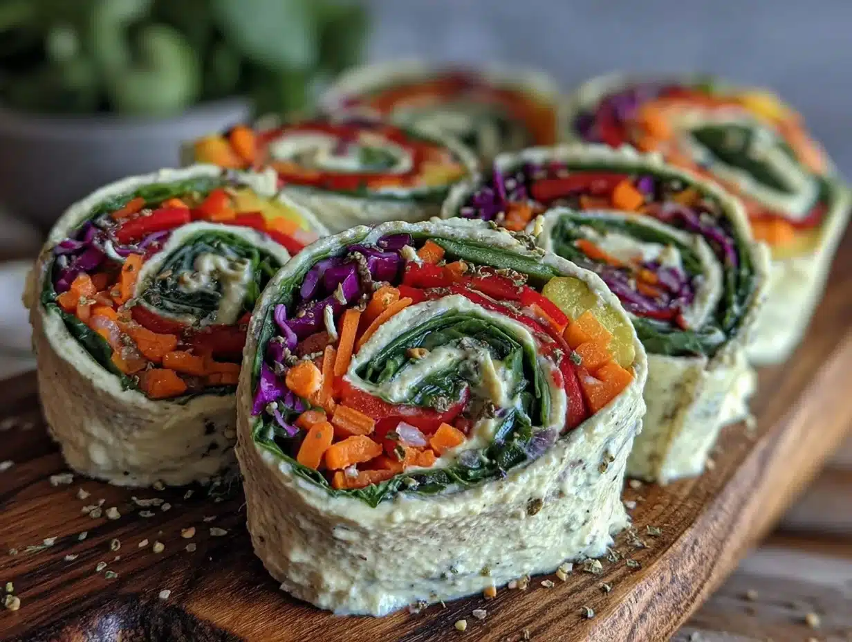 fresh rainbow veggie pinwheel wraps - featured image