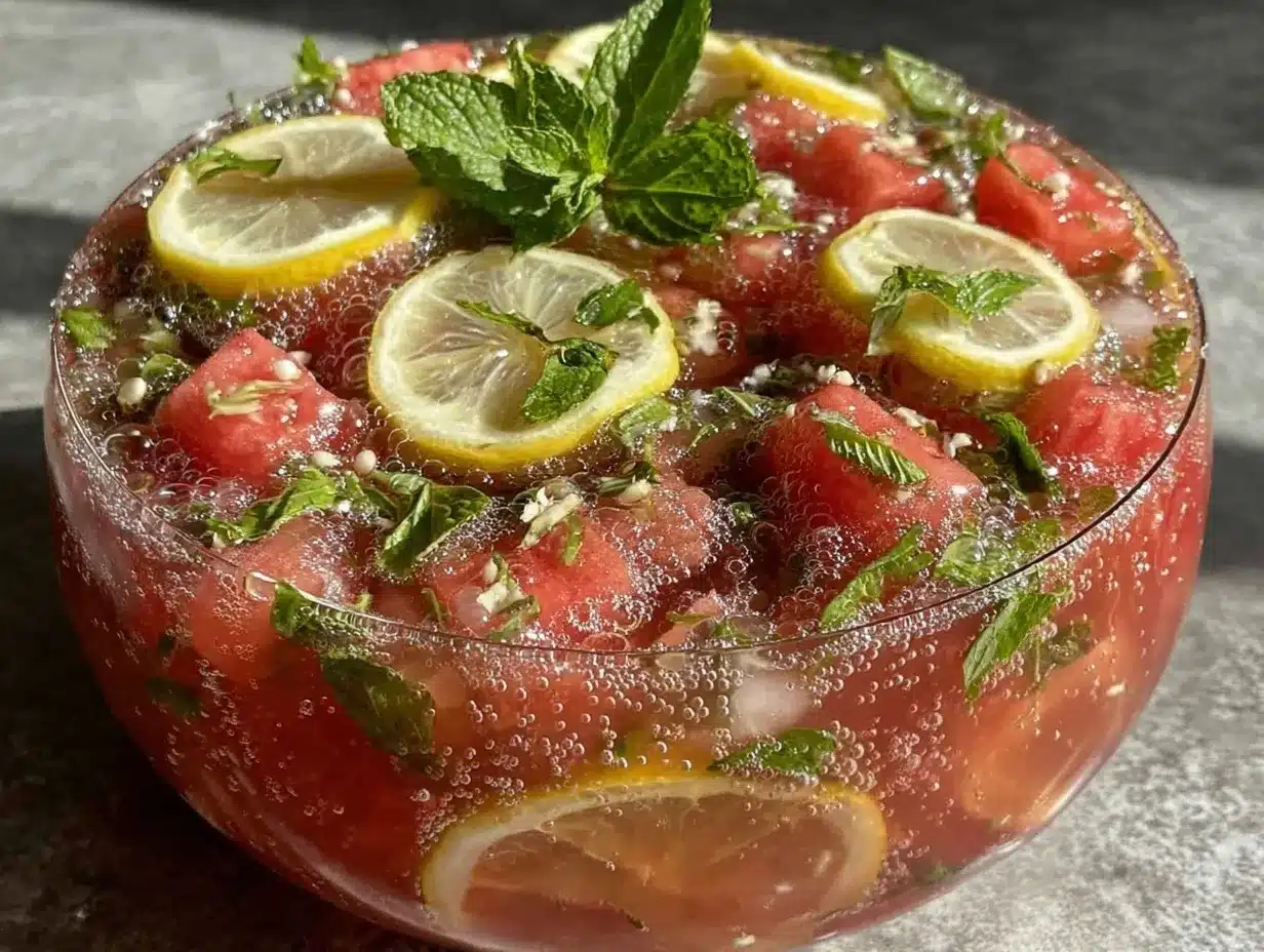 fresh sparkling watermelon lemonade punch bowl preparation steps