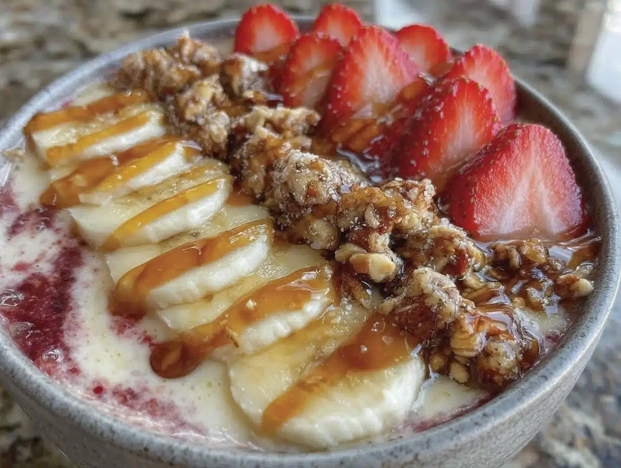 fresh strawberry banana protein smoothie bowl - featured image