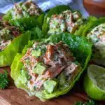 healthy creamy avocado chicken salad lettuce wraps - featured image
