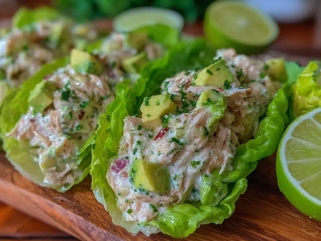 healthy creamy avocado chicken salad lettuce wraps preparation steps