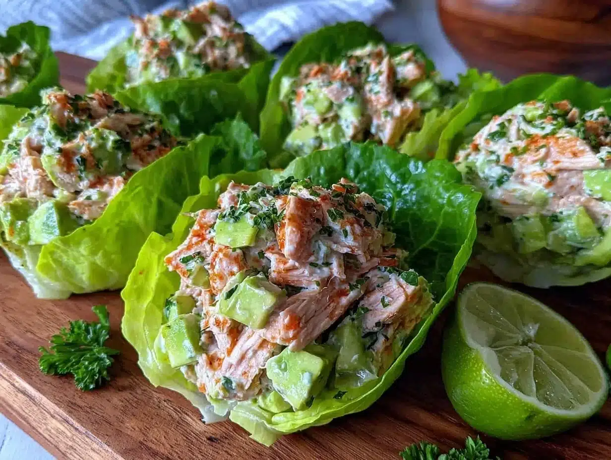 healthy creamy avocado chicken salad lettuce wraps - featured image