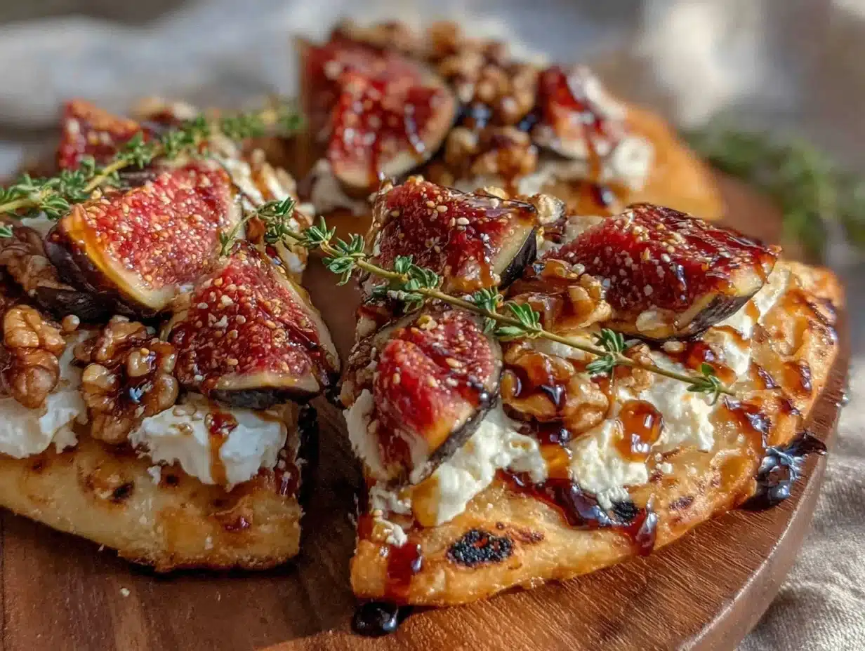 honey balsamic fig goat cheese flatbread - featured image