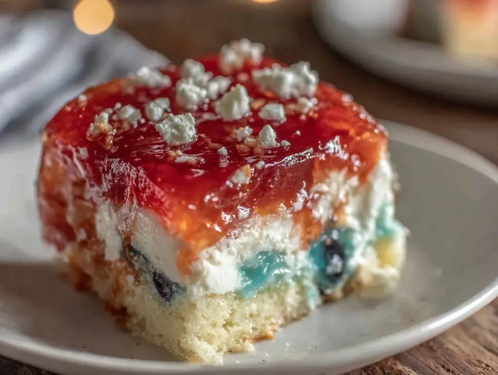 red white and blue layered jello poke cake - featured image