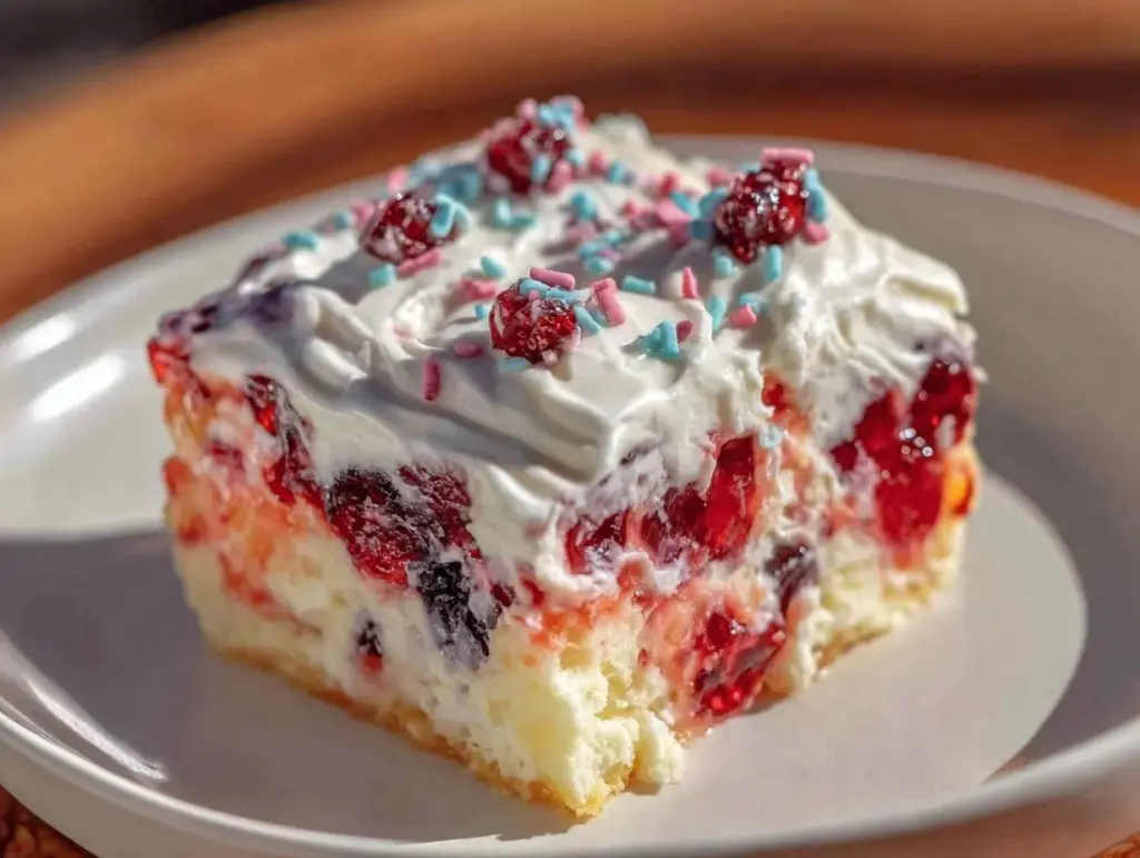 red white and blue layered jello poke cake - featured image
