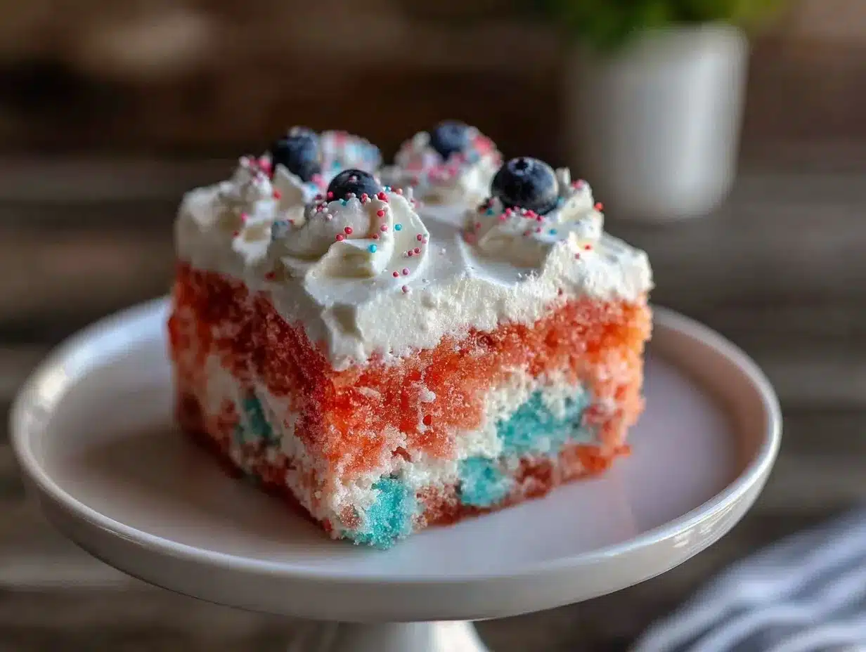red white and blue layered jello poke cake preparation steps